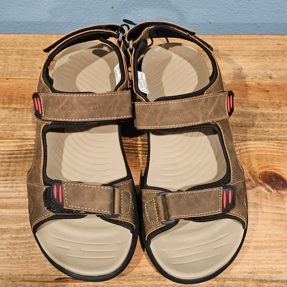 St. Johns Bay Mens Huron Sport Sandals Tan Brown Adjustable Straps 8M
